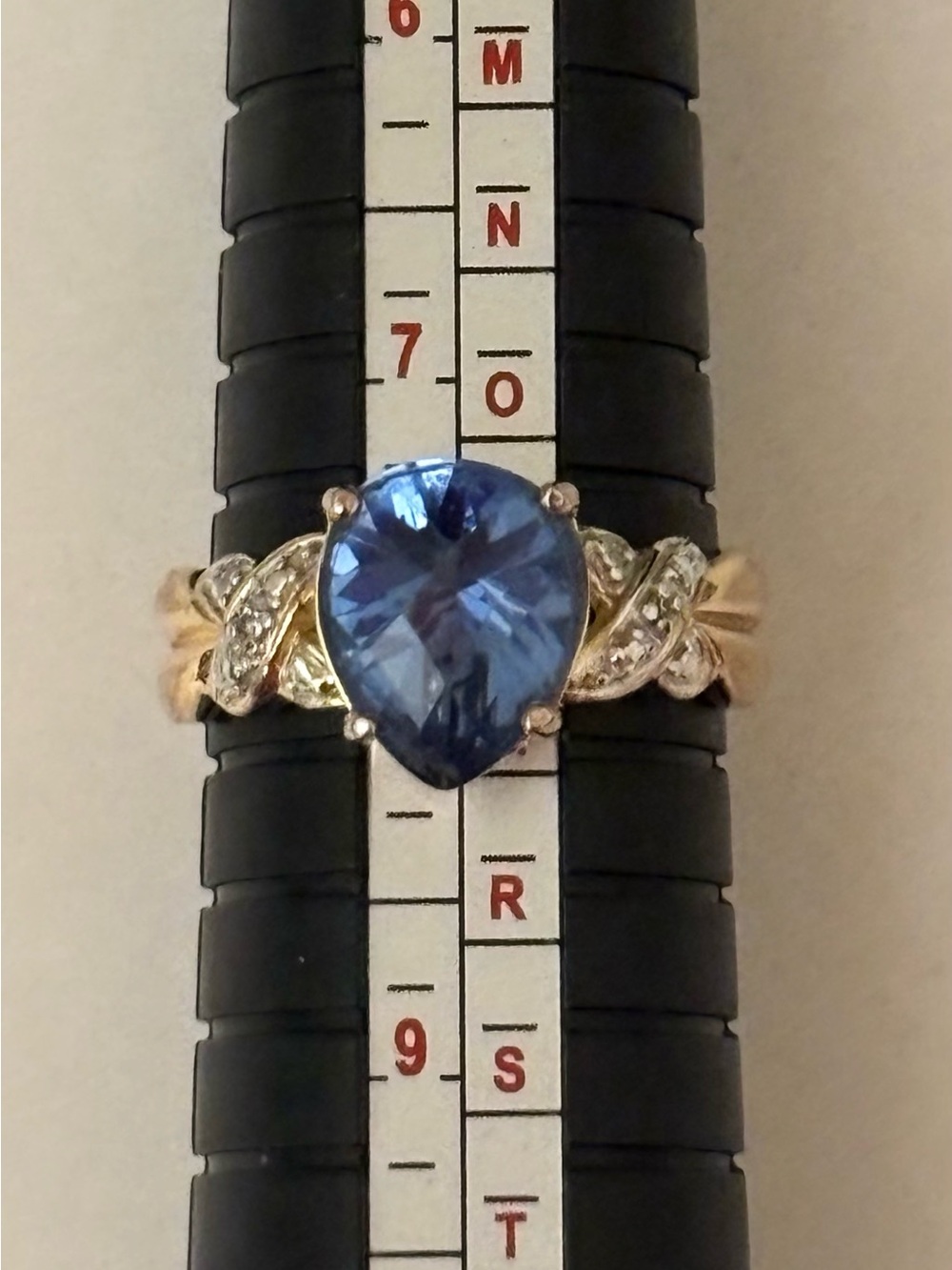 Gold Over 925 Sterling Silver Blue Faceted Stone Ring Size 8 Leaf Design